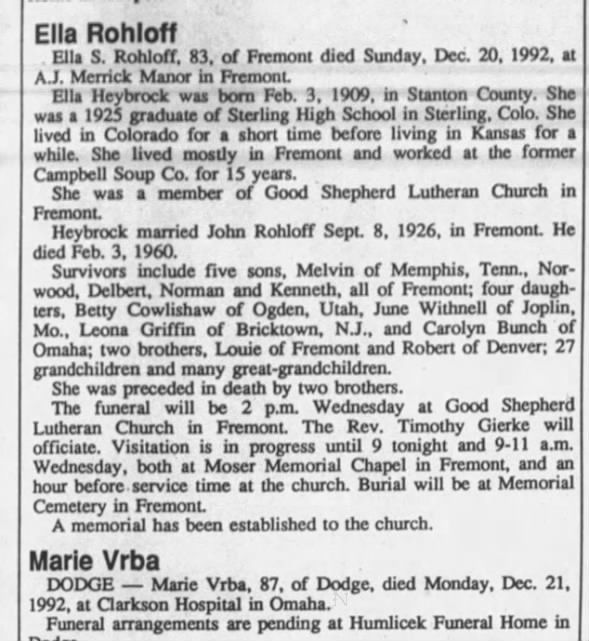 Obituary for Ella S. Rohloff, 1909-1992 (Aged 87)